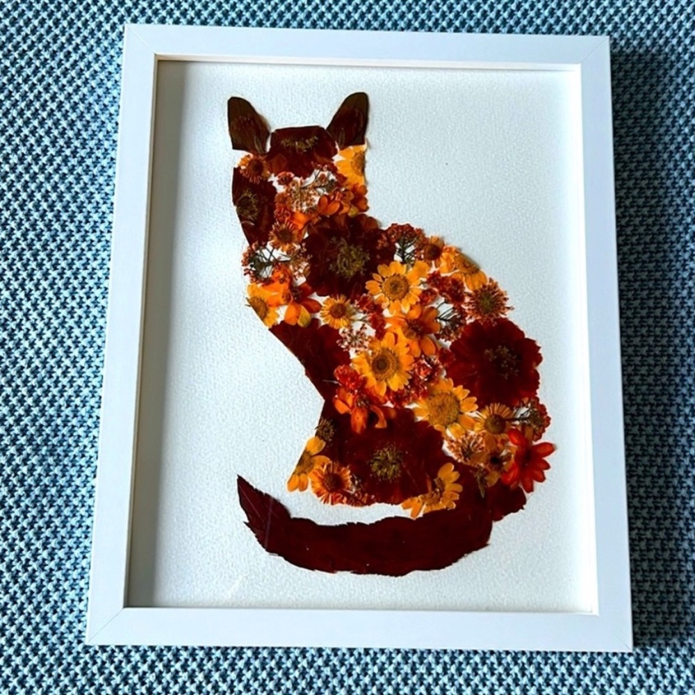 Floral Cat Art in White Frame